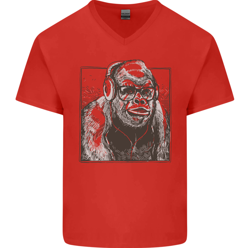 Gorilla with Headphones DJ Dance Music Mens V-Neck Cotton T-Shirt Red