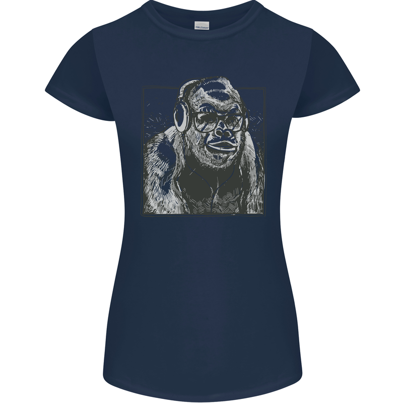 Gorilla with Headphones DJ Dance Music Womens Petite Cut T-Shirt Navy Blue