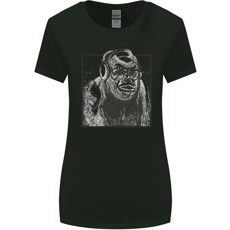 Gorilla with Headphones DJ Dance Music Womens Wider Cut T-Shirt Black