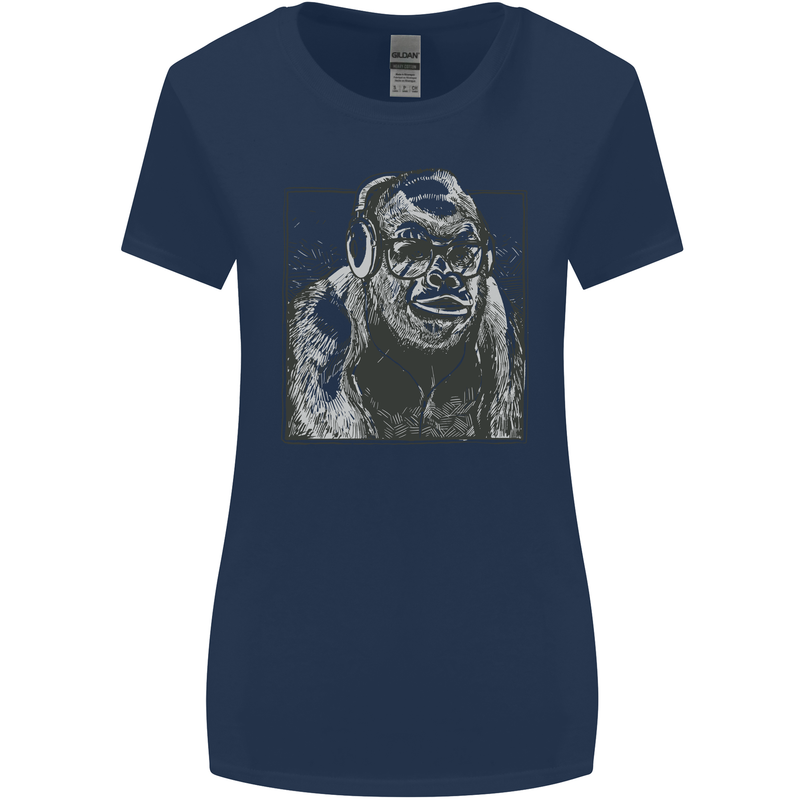 Gorilla with Headphones DJ Dance Music Womens Wider Cut T-Shirt Navy Blue