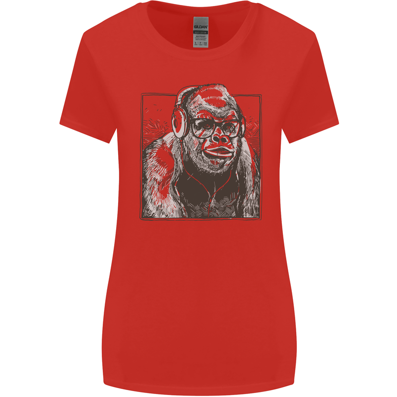 Gorilla with Headphones DJ Dance Music Womens Wider Cut T-Shirt Red