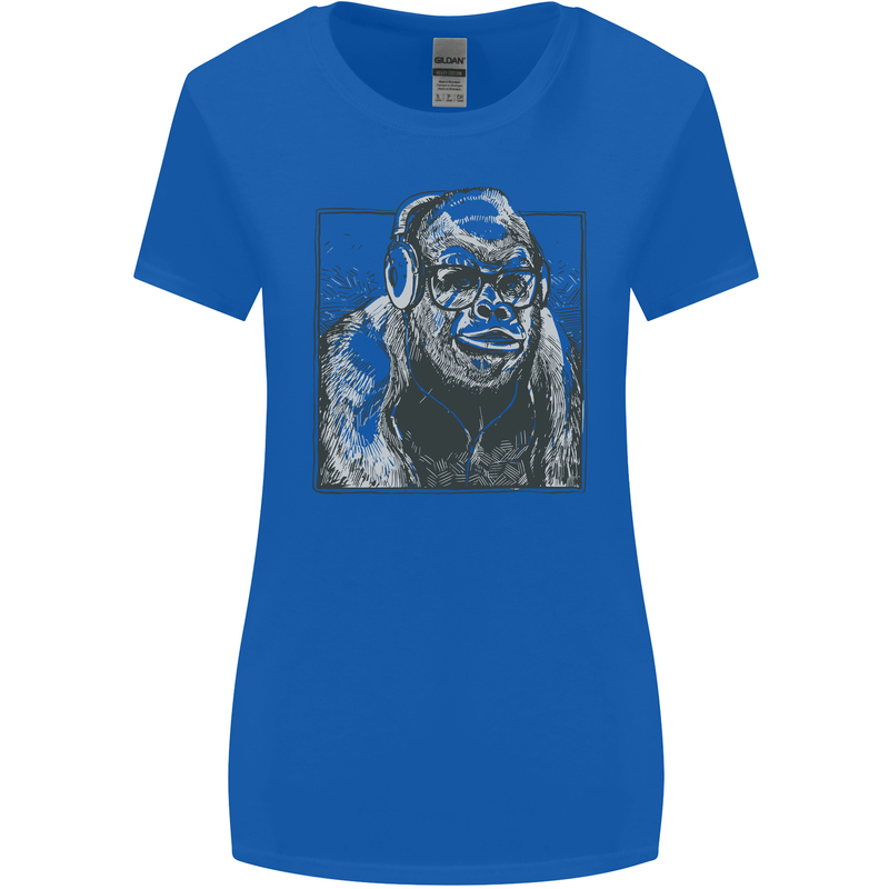 Gorilla with Headphones DJ Dance Music Womens Wider Cut T-Shirt Royal Blue