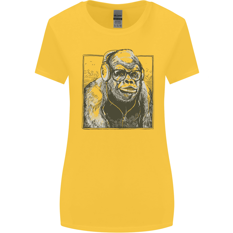 Gorilla with Headphones DJ Dance Music Womens Wider Cut T-Shirt Yellow
