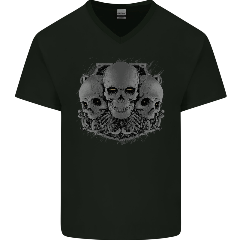 Gothic Skulls Biker Motorcycle Motorbike Mens V-Neck Cotton T-Shirt Black