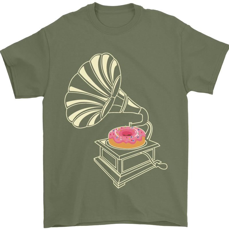 Gramophone Donut Music DJ Vinyl Funny Mens T-Shirt Cotton Gildan Military Green