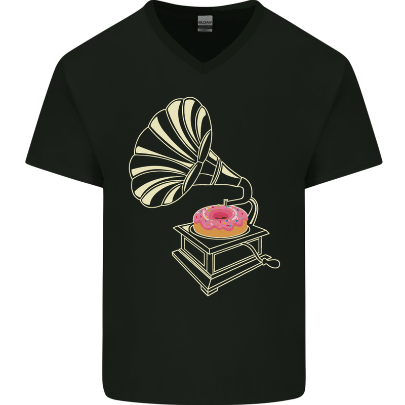 Gramophone Donut Music DJ Vinyl Funny Mens V-Neck Cotton T-Shirt Black