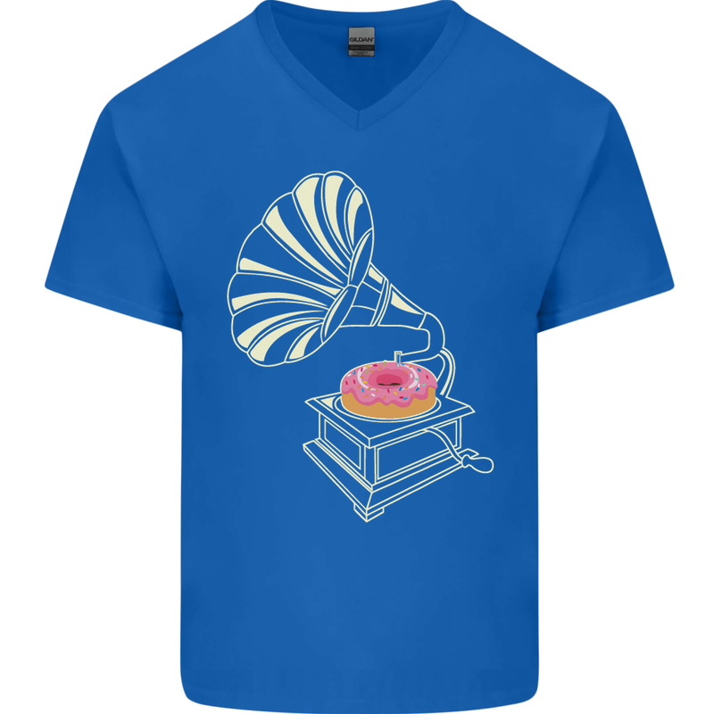 Gramophone Donut Music DJ Vinyl Funny Mens V-Neck Cotton T-Shirt Royal Blue