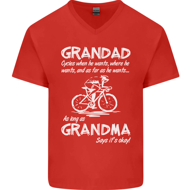 Grandad Cycles When He Wants Cycling Bike Mens V-Neck Cotton T-Shirt Red