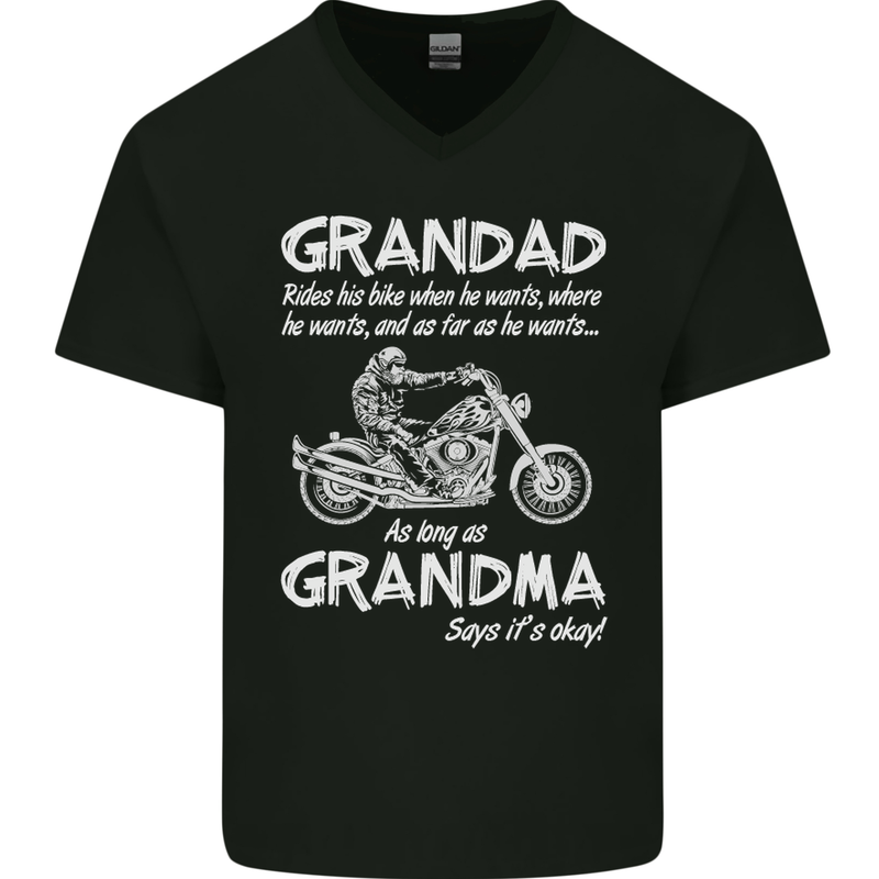 Grandad Grandma Biker Motorcycle Motorbike Mens V-Neck Cotton T-Shirt Black