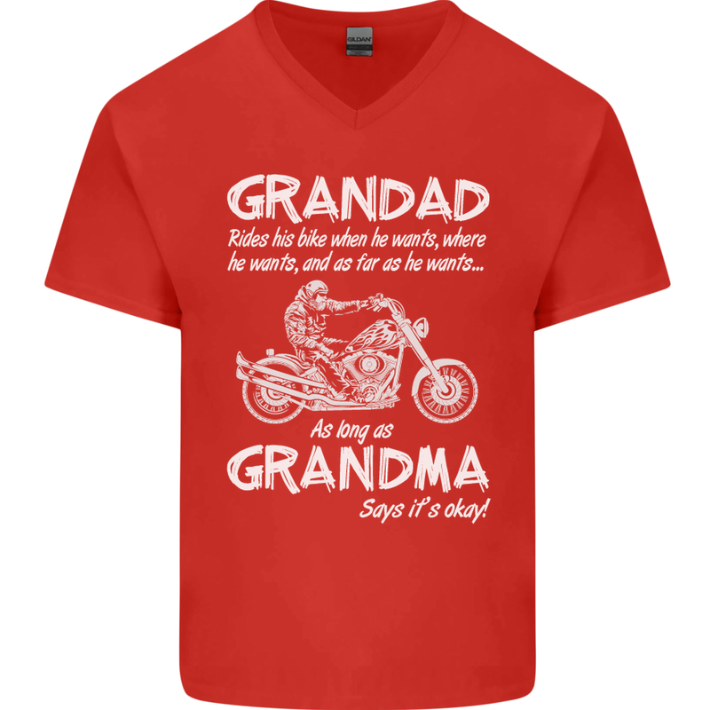 Grandad Grandma Biker Motorcycle Motorbike Mens V-Neck Cotton T-Shirt Red
