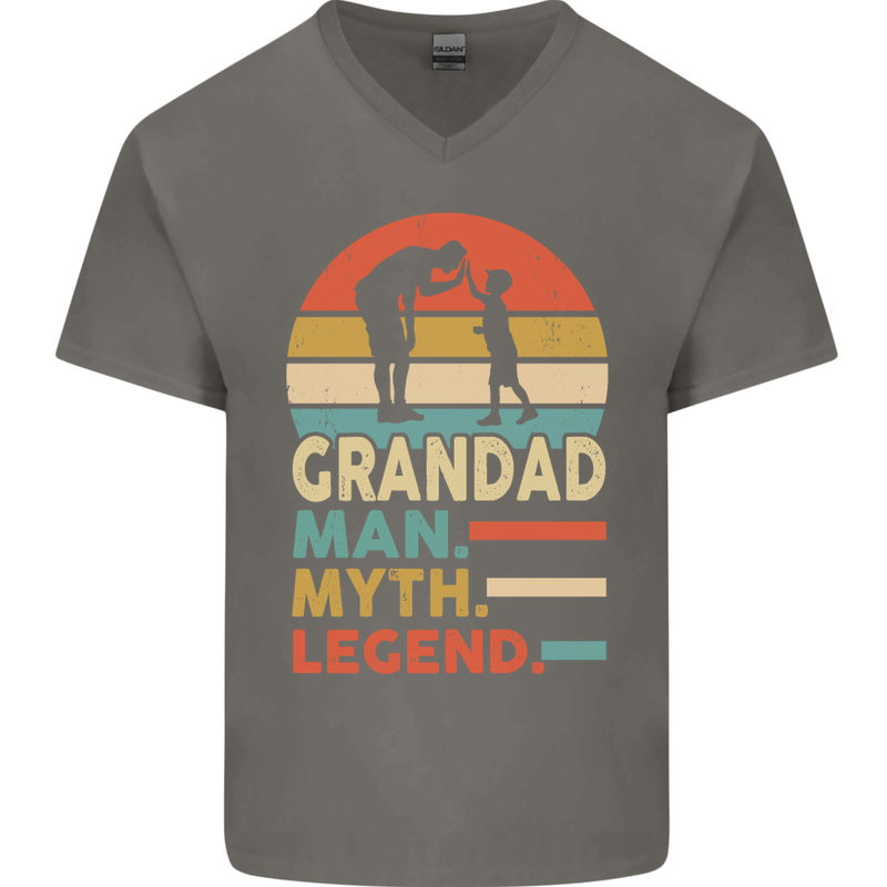 Grandad Man Myth Legend Funny Fathers Day Mens V-Neck Cotton T-Shirt Charcoal