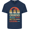 Grandad Man Myth Legend Funny Fathers Day Mens V-Neck Cotton T-Shirt Navy Blue