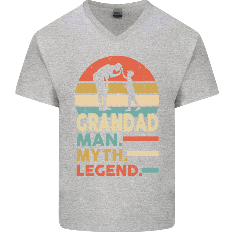 Grandad Man Myth Legend Funny Fathers Day Mens V-Neck Cotton T-Shirt Sports Grey