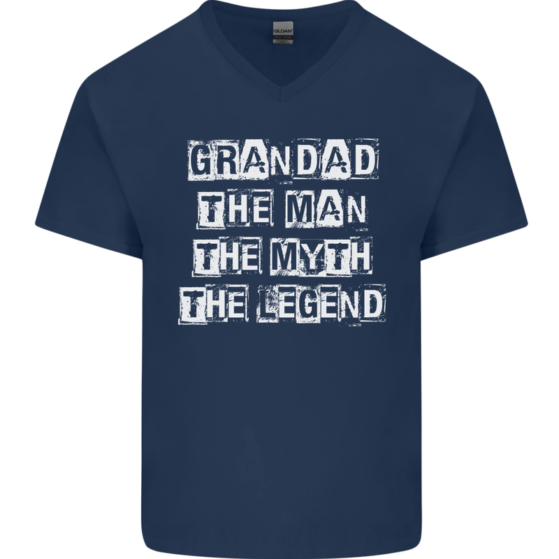 Grandad the Man Myth Legend Funny Mens V-Neck Cotton T-Shirt Navy Blue