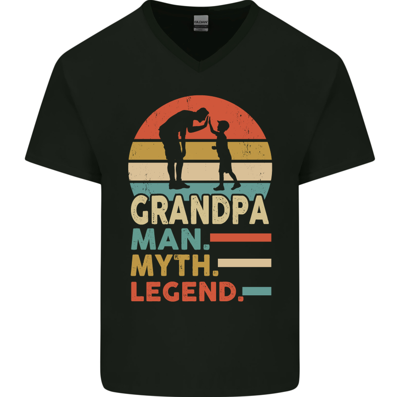 Grandpa Man Myth Legend Funny Fathers Day Mens V-Neck Cotton T-Shirt Black