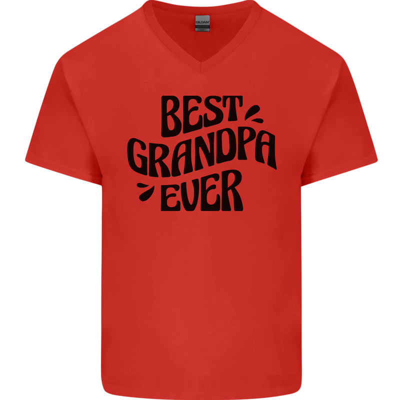 Grandparents Day Best Grandpa Ever Mens V-Neck Cotton T-Shirt Red