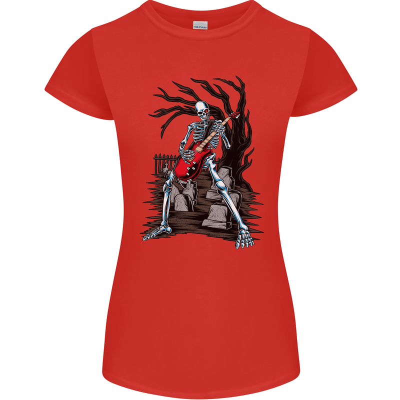 Graveyard Rock Guitar Skull Heavy Metal Womens Petite Cut T-Shirt Red