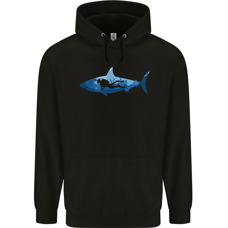 Great White Shark Scuba Diver Diving Childrens Kids Hoodie Black