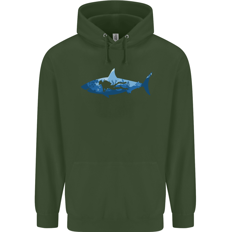 Great White Shark Scuba Diver Diving Childrens Kids Hoodie Forest Green