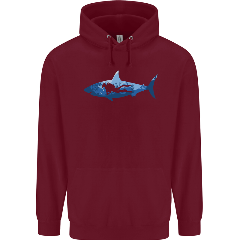 Great White Shark Scuba Diver Diving Childrens Kids Hoodie Maroon