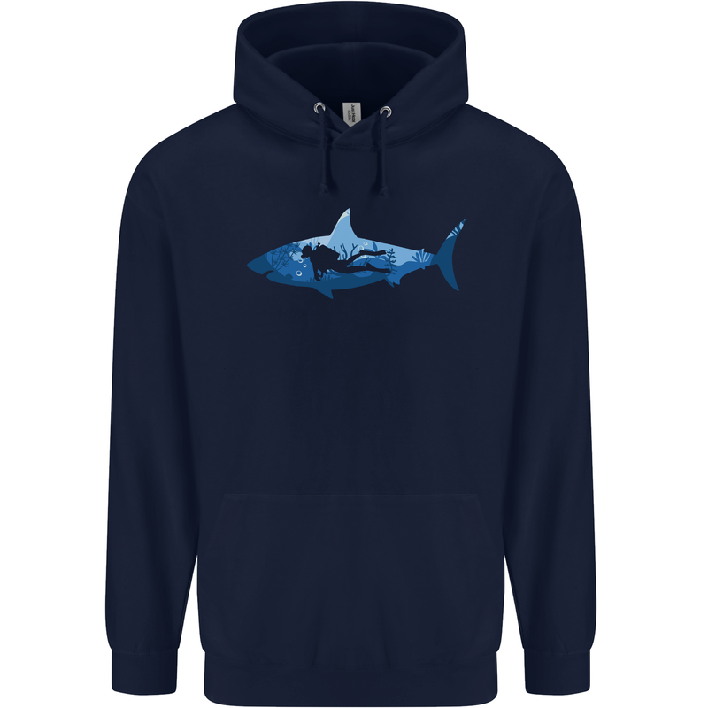 Great White Shark Scuba Diver Diving Childrens Kids Hoodie Navy Blue