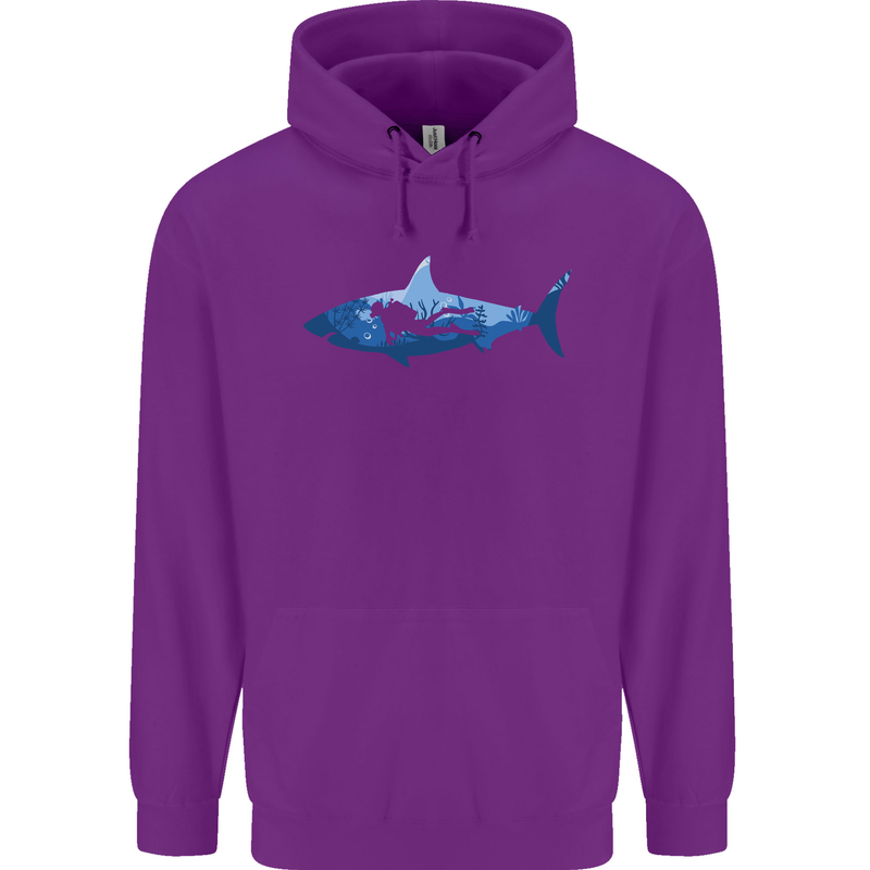 Great White Shark Scuba Diver Diving Childrens Kids Hoodie Purple