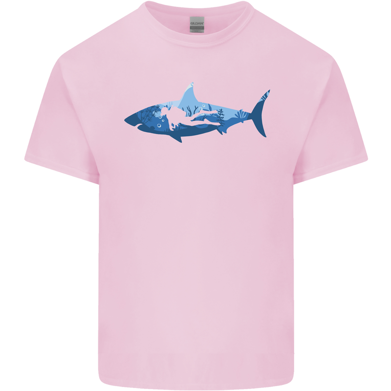 Great White Shark Scuba Diver Diving Mens Cotton T-Shirt Tee Top Light Pink