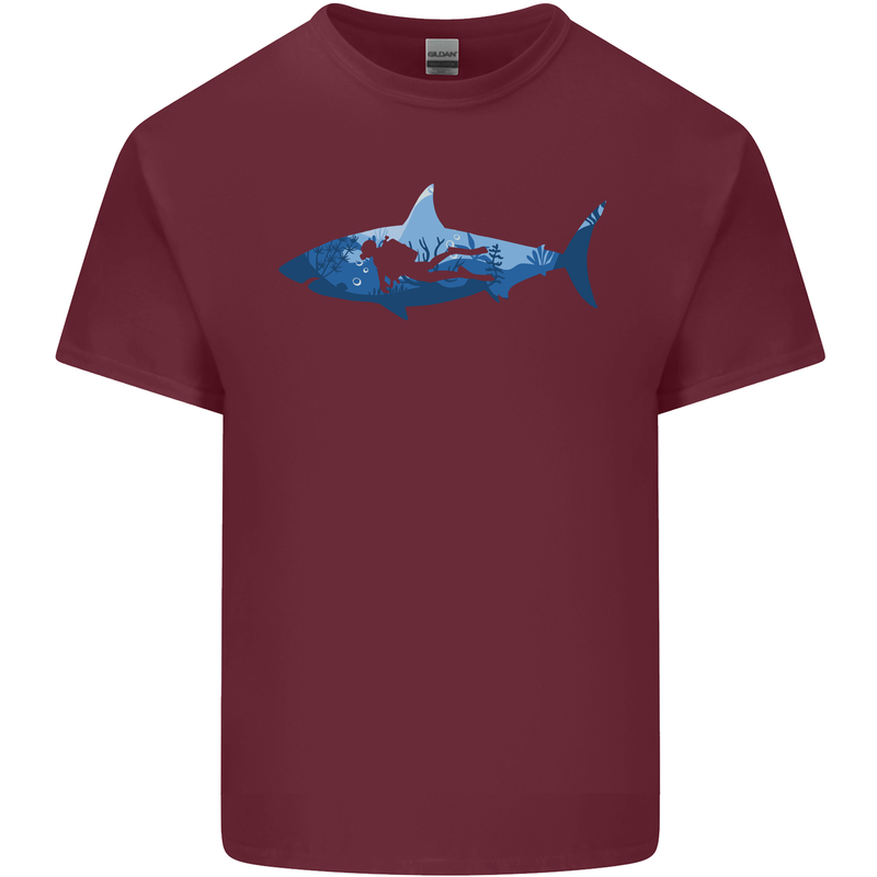 Great White Shark Scuba Diver Diving Mens Cotton T-Shirt Tee Top Maroon