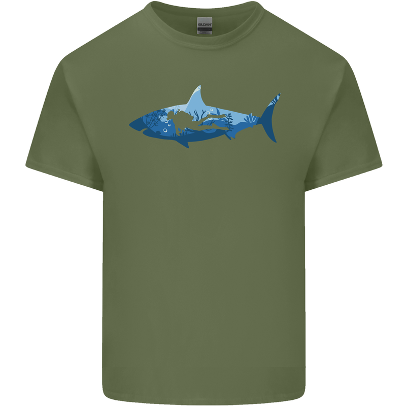 Great White Shark Scuba Diver Diving Mens Cotton T-Shirt Tee Top Military Green