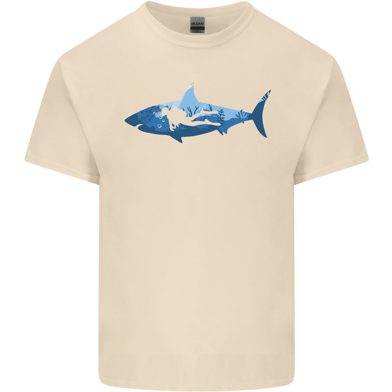 Great White Shark Scuba Diver Diving Mens Cotton T-Shirt Tee Top Natural