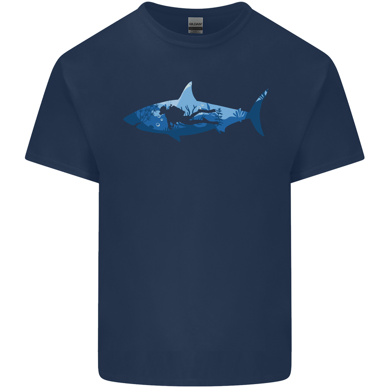 Great White Shark Scuba Diver Diving Mens Cotton T-Shirt Tee Top Navy Blue