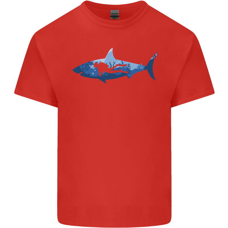 Great White Shark Scuba Diver Diving Mens Cotton T-Shirt Tee Top Red