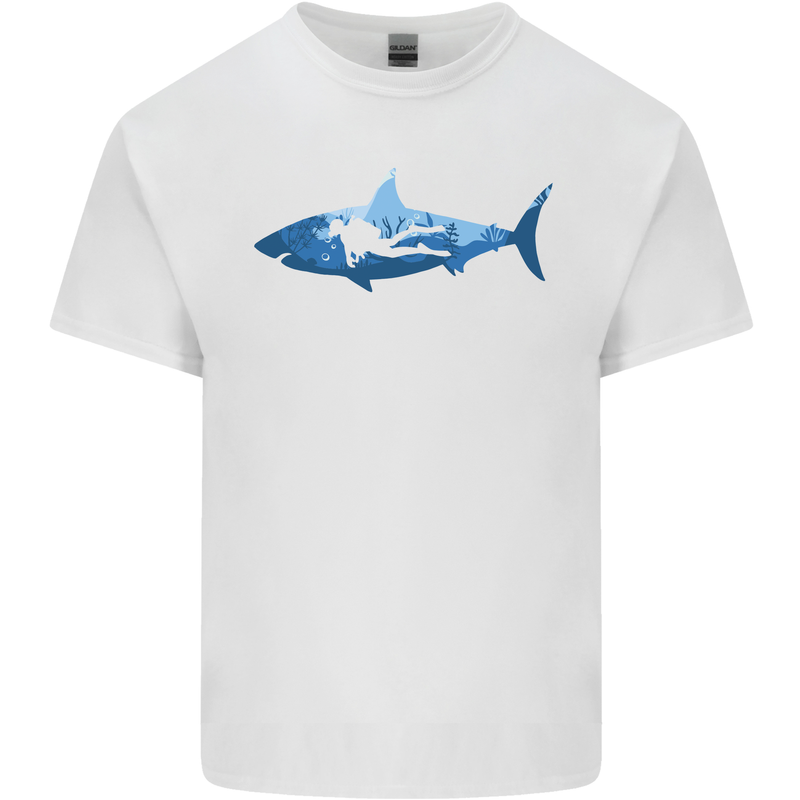 Great White Shark Scuba Diver Diving Mens Cotton T-Shirt Tee Top White