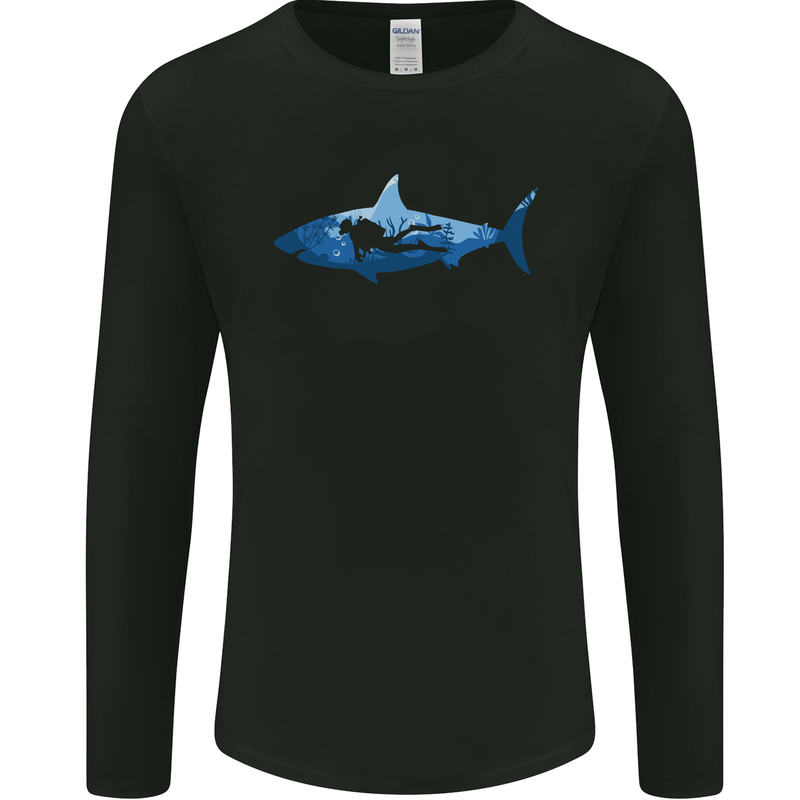 Great White Shark Scuba Diver Diving Mens Long Sleeve T-Shirt Black
