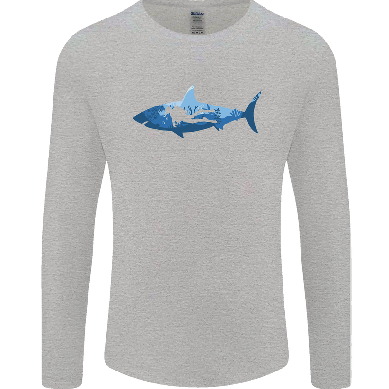 Great White Shark Scuba Diver Diving Mens Long Sleeve T-Shirt Sports Grey