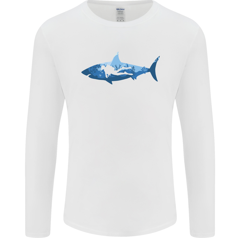 Great White Shark Scuba Diver Diving Mens Long Sleeve T-Shirt White