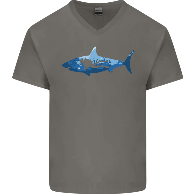 Great White Shark Scuba Diver Diving Mens V-Neck Cotton T-Shirt Charcoal