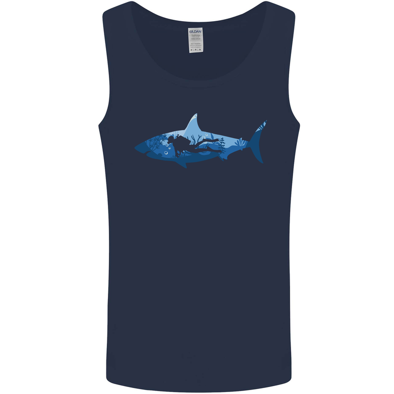 Great White Shark Scuba Diver Diving Mens Vest Tank Top Navy Blue