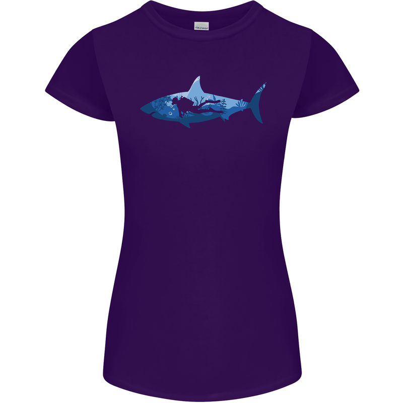 Great White Shark Scuba Diver Diving Womens Petite Cut T-Shirt Purple
