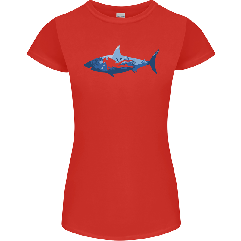 Great White Shark Scuba Diver Diving Womens Petite Cut T-Shirt Red