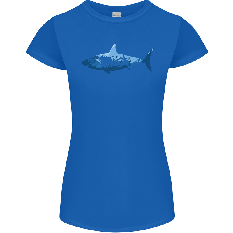 Great White Shark Scuba Diver Diving Womens Petite Cut T-Shirt Royal Blue