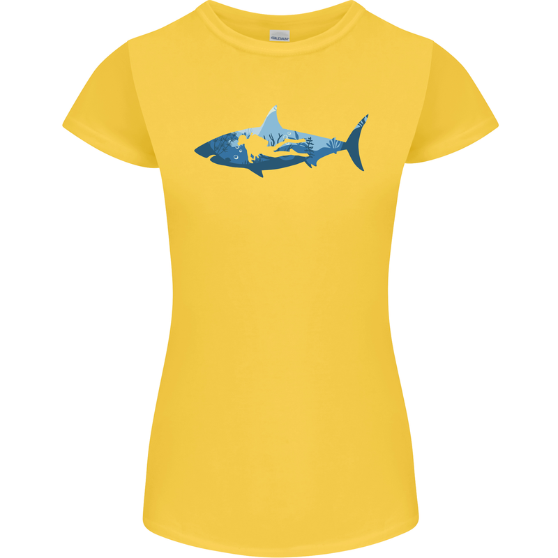 Great White Shark Scuba Diver Diving Womens Petite Cut T-Shirt Yellow