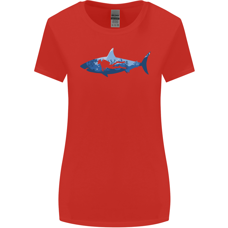 Great White Shark Scuba Diver Diving Womens Wider Cut T-Shirt Red