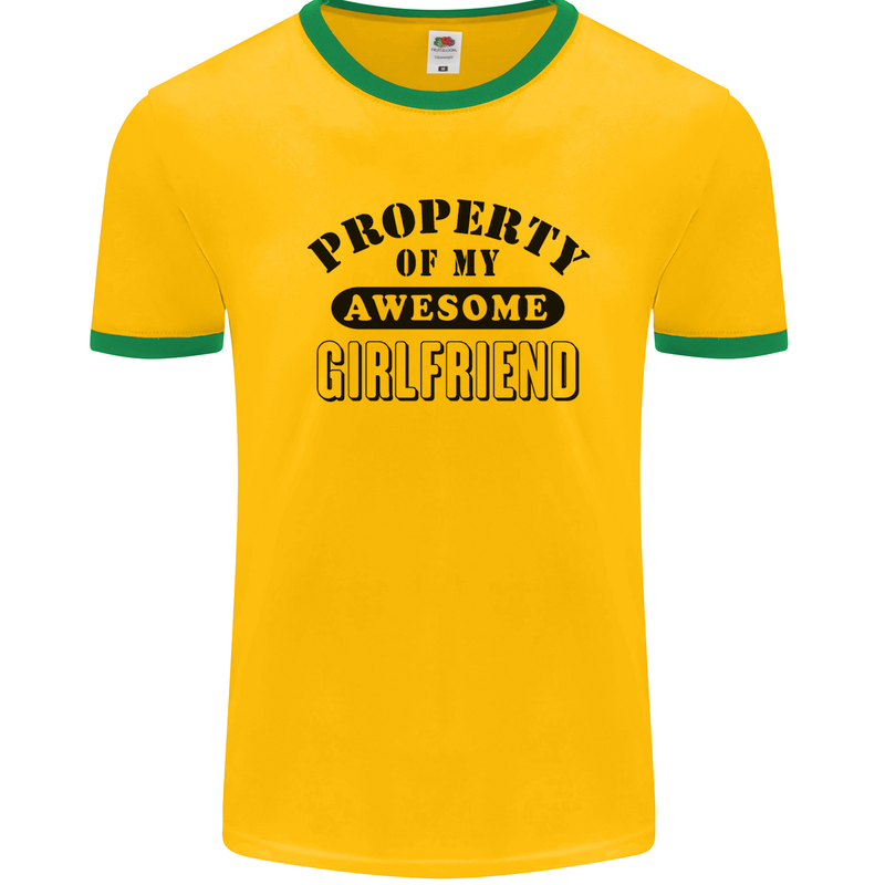 Property of My Awesome Girlfriend Funny Mens White Ringer T-Shirt Gold/Green