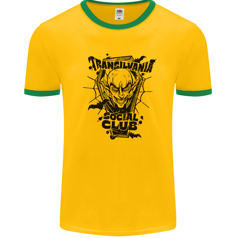 Vampires Transilvania Social Club Halloween Mens White Ringer T-Shirt Gold/Green