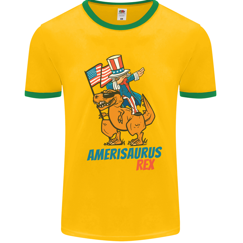 Amerisaurus T-Rex Dabbing Uncle Sam USA Mens White Ringer T-Shirt Gold/Green