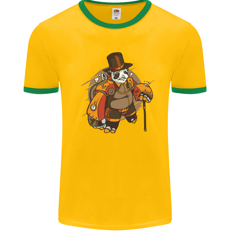 Steampunk Panda Bear Mens White Ringer T-Shirt Gold/Green