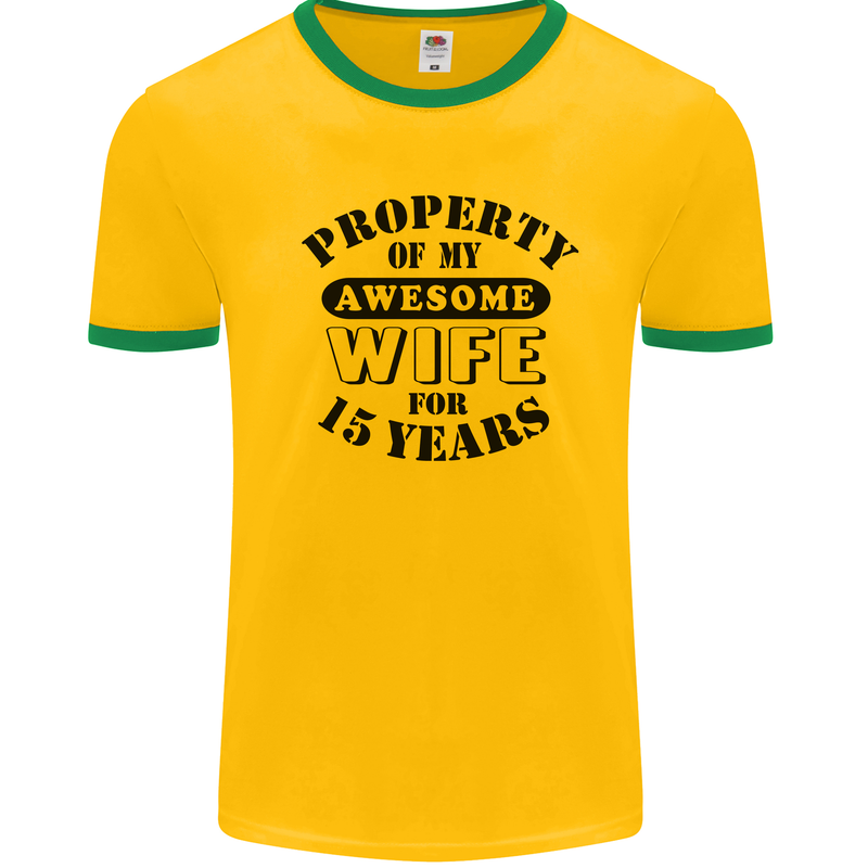 15th Wedding Anniversary 15 Year Funny Wife Mens Ringer T-Shirt Gold/Green