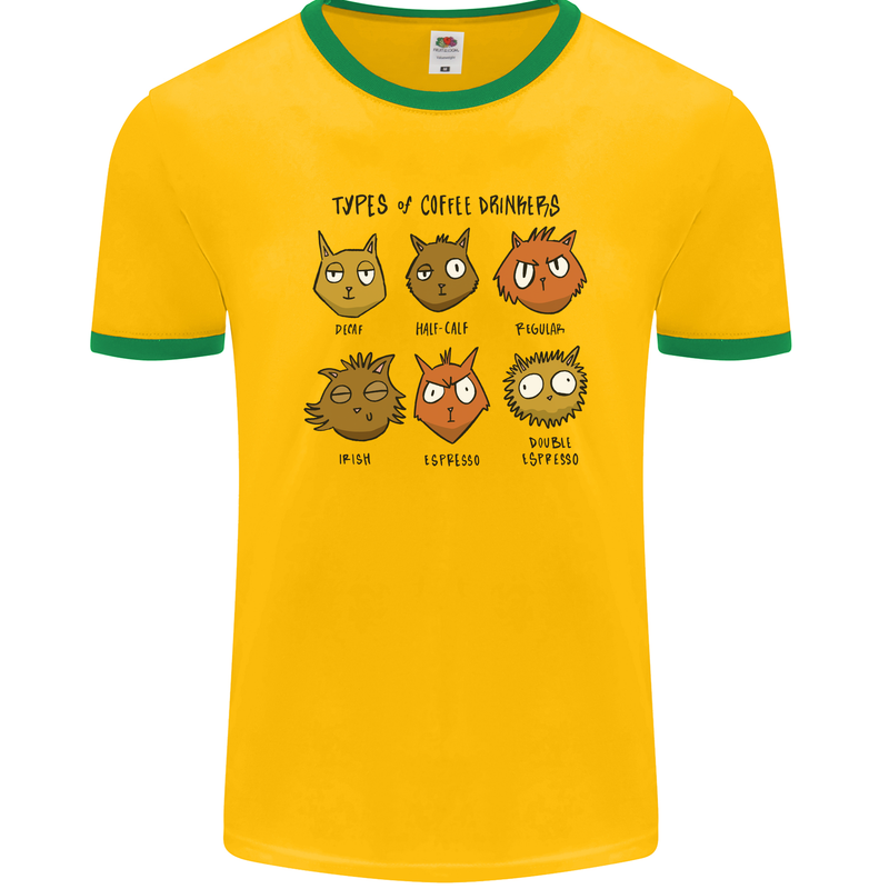 Cats Types of Coffee Drinkers Mens Ringer T-Shirt FotL Gold/Green