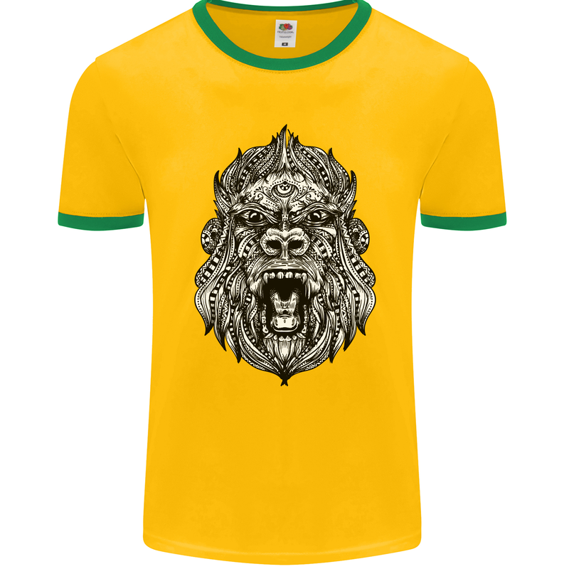 Ape Mandala Art Mens Ringer T-Shirt FotL Gold/Green